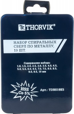 Набор спиральных сверл по металлу HSS Co в металлическом кейсе, d1.0-10.0 мм, 19 предметов TDBS19K5