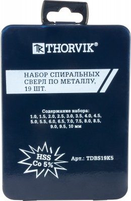 Набор спиральных сверл по металлу HSS Co в металлическом кейсе, d1.0-10.0 мм, 19 предметов TDBS19K5